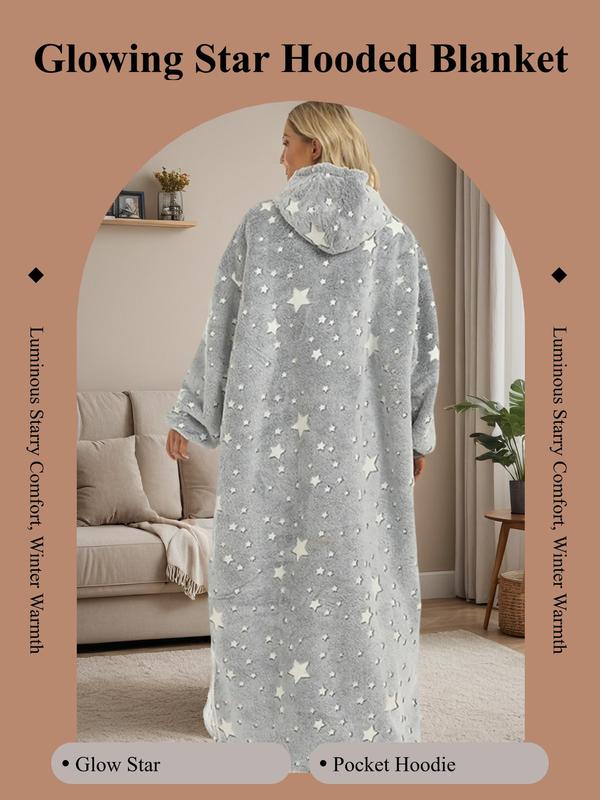 Womenswear Glow in The Dark Star Print Pocket Hooded Blanket, Casual Long Sleeve Drop Shoulder Blanket Hoodie, Women's Sleepwear for Winter, Fall Wear, Fallfreshness