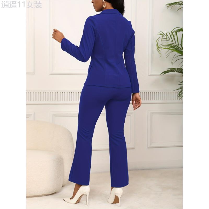 Elegant & Chic Women's Work Suit Set - Long Sleeve Blazer with Faux Pockets & Straight-Leg Pants, Stretchy Polyester Blend, Machine Washable Collar Fabric Collar Fabric Womenswear Bottom