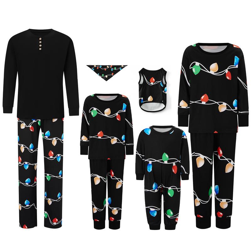 Family Matching Christmas Pajamas Set String Light Print Long Sleeve Tops Elastic Waist Long Pants