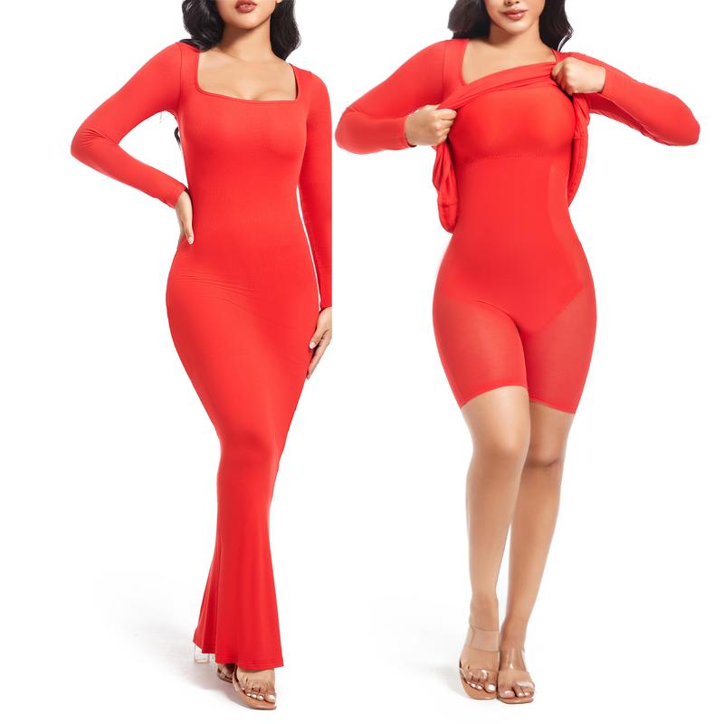 Soo slick Built in shaper dress Long sleeve Square Neck I Maxi dresses with tummy control and boobs lifter bodycon shapewear | Sculpting shaper Womenswear Underwear Lady Compression Basic Minimalist