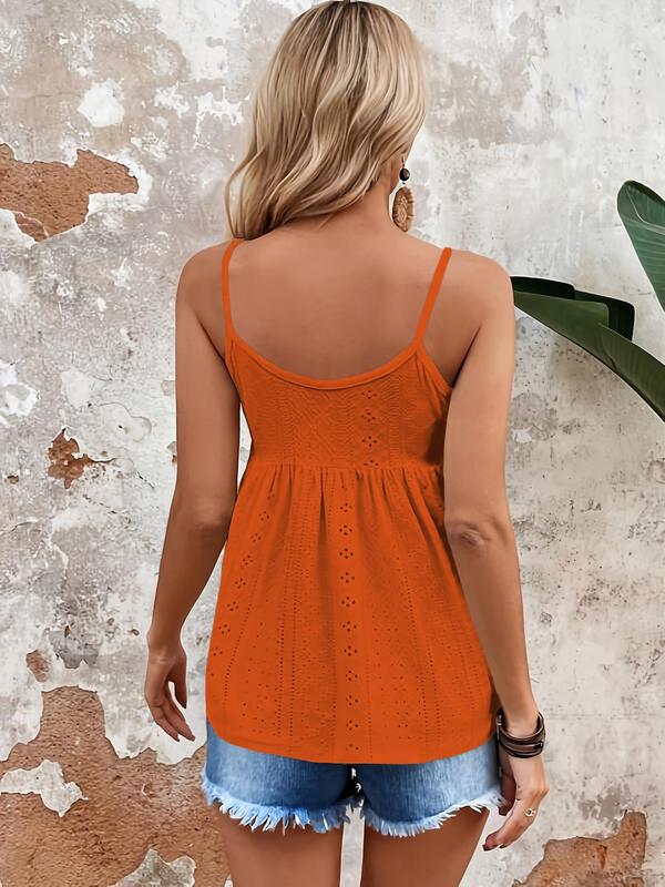 Women's Plain Eyelet Embroidery Cami Top, Casual Spaghetti Strap Sleeveless Top for Daily Wear, Ladies Clothes for All Seasons, Fall Outfits, Fallfreshness