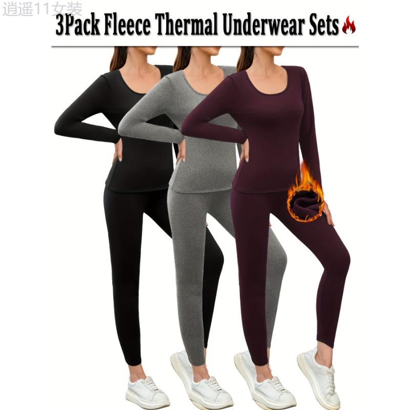 3-Pack Thermal Fleece Women'S Underwear Set - High Stretch Polyester Knit Fabric, Solid Color, Warm Lined Top and Sport Leggings - For Women - Ideal for Workout, Yoga, Loungewear, Cold Weather Pajamas - Perfect Gift for Winter Spandex Womenswear