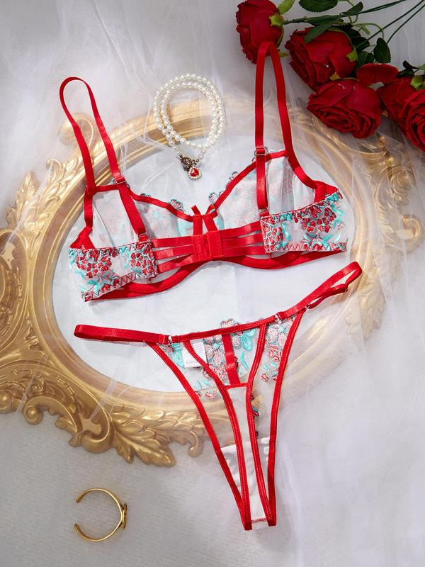 Women's Floral Embroidery Contrast Mesh Sheer Sexy Lingerie Set, Sexy Elegant Cut Out Adjustable Strap Bow Decor Bra & Thong,  Underwear for Women, Women's Sexy Underwear Set for All Seasons