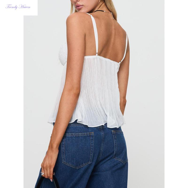 Women's Pleated Camisole Mini Bowknot Front Spaghetti Strap V-Neck Lace Cropped Tops