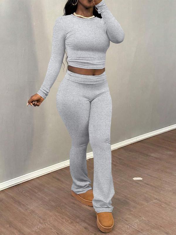 Women's Solid Color Ruched Tee & Flare Leg Pants Set, Casual Long Sleeve Round Neck Top & Bell Bottom Trousers Two  Piece Set for Fall & Winter, Women's Clothes for Daily Wear