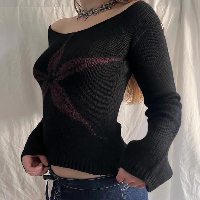 Women's Off Shoulder SweaterGraphic Print Long Sleeve Knit Tops Vintage Streetwear Knitwear Womenswear