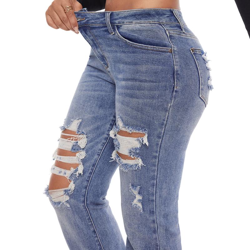 ~JB Women Mid-High Waisted Stretch Pants Ripped Regular Jeans Mid-Blue Straight Pants | Fashion Casual Denim Pant Vintage Ripped Skinny Jeans Women's Plain Pocket Straight '90s Street Style Good Looks Go With Everything Blackfriday Sale