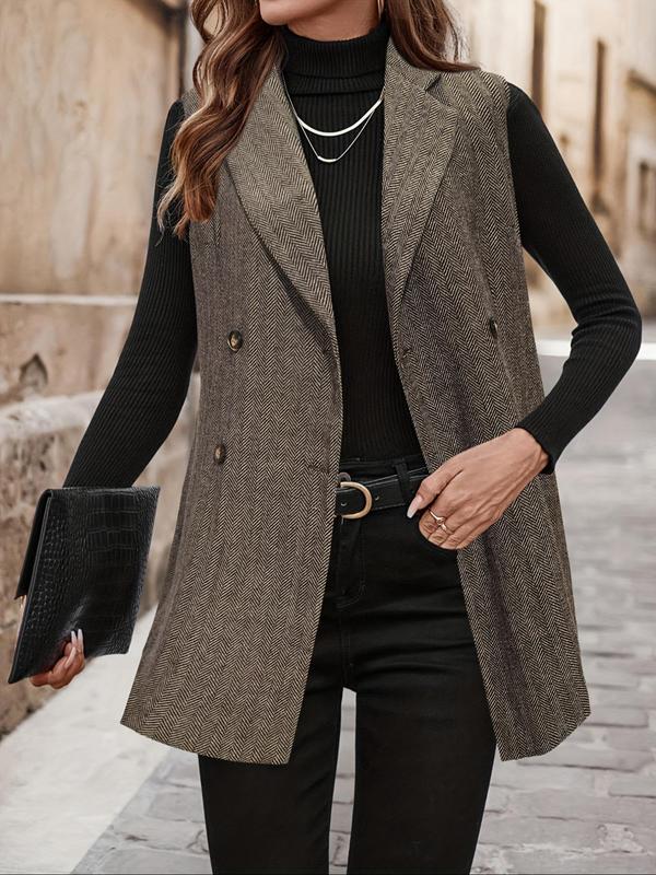 Women's All Over Herringbone Pattern Button Front Vest Blazer, Casual Lapel Neck Sleeveless Outerwear for Daily Wear, Ladies Clothes for All Seasons