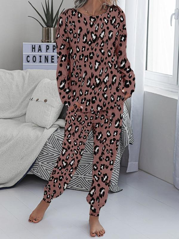 Women's Leopard Print Drop Shoulder Tee & Slant Pocket Tie Front Pants Loungewear Two-Piece Set, Casual Comfy Round Neck Long Sleeve Top & Elastic Waist Trousers PJ Set, Ladies Sleepwear for Spring & Fall, Fallfreshness, Fall Clothing, Fall Wear 2024