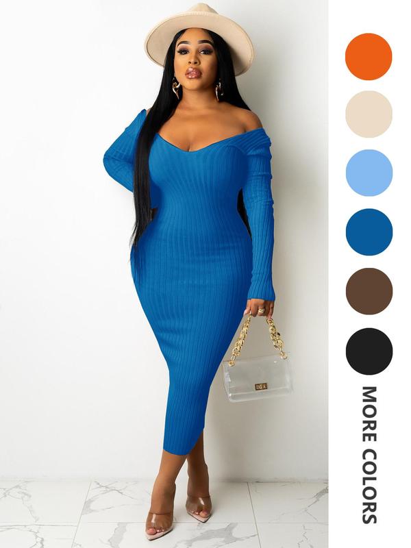 Women's Plain Ribbed V Neck Bodycon Dress, Casual Long Sleeve Midi Dress for Fall & Winter, Women's Clothing for Daily Wear Longsleeves