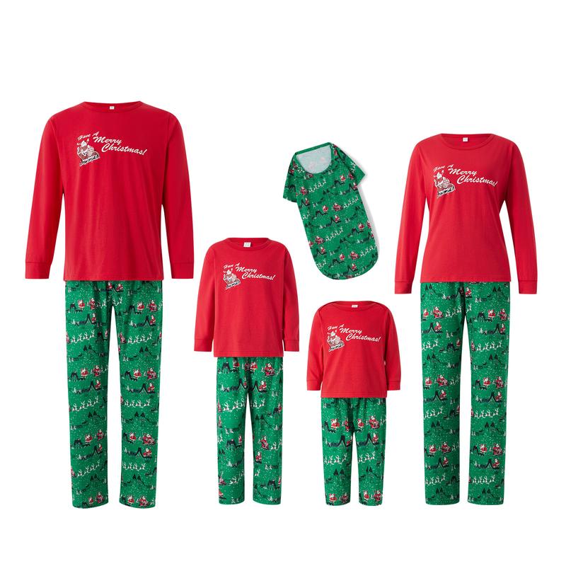 Red Green Family Matching Christmas Pajamas, Santa Claus Letter Print Long Sleeve Round Neck T-Shirt + Elk Print Pants, Dog Costume