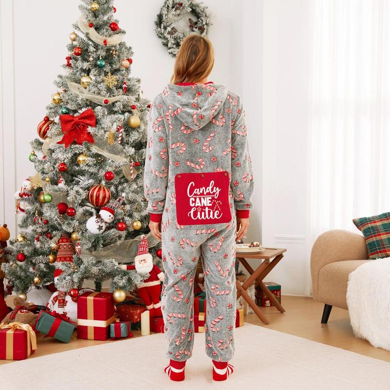 PatPat Onesies Christmas Pajamas Family Matching Outfits Candy Cane Pattern Holiday Loungewear Sleepwear (Glow in the Dark)