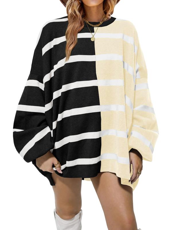 Women's Colorblock Striped Print Drop Shoulder Sweater, Casual Long Sleeve Round Neck Jumper for Spring & Fall,  Sweaters for Women, Fashion Women's Knitwear for Daily Wear