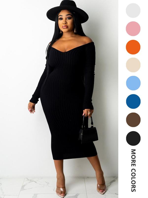 Women's Plain Ribbed V Neck Bodycon Dress, Casual Long Sleeve Midi Dress for Fall & Winter, Women's Clothing for Daily Wear Longsleeves