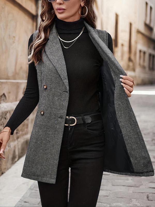 Women's All Over Herringbone Pattern Button Front Vest Blazer, Casual Lapel Neck Sleeveless Outerwear for Daily Wear, Ladies Clothes for All Seasons