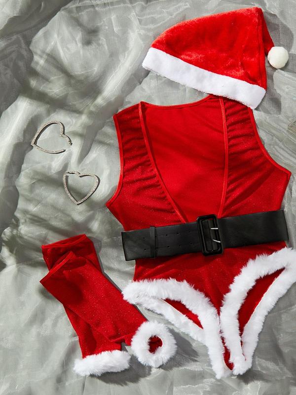 Women's Christmas Themed Lingerie Four-Piece Set, Sexy Santa Claus Costume Set, Women's Underwear Set for All Seasons