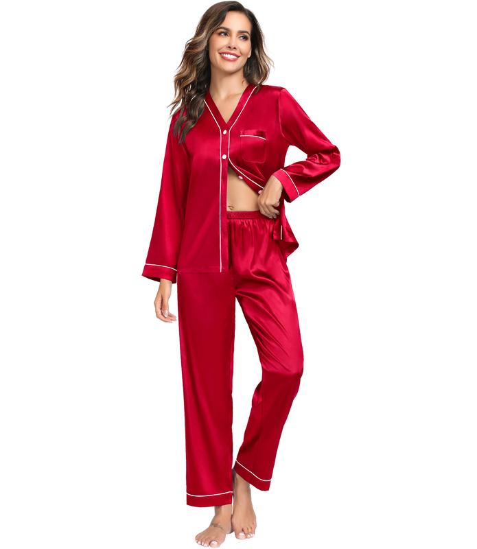 SWOMOG Couples costume Matching Pajamas Set Satin Long Sleeve Sleepwear Silk Button Down Nightwear Soft 2 Pieces Elastic Pajama Set Elastic Pajama Set