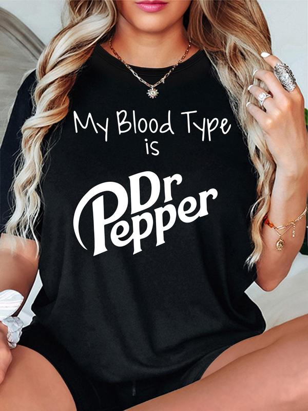 Women's Dr Pepper Print Round Neck Tee, Casual Short Sleeve Crew Neck T-Shirt for Summer, Fashion Women's Top for Daily Wear, Graphic Tees, Tops for Women