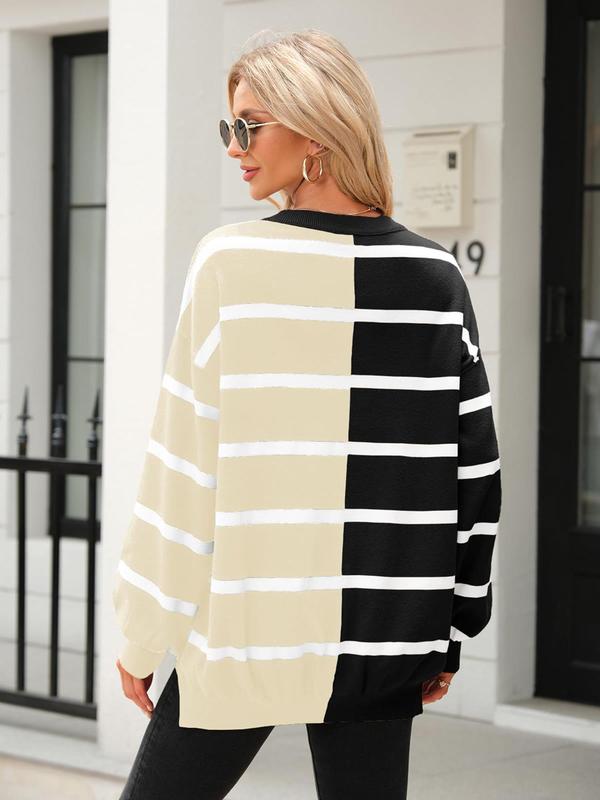 Women's Colorblock Striped Print Drop Shoulder Sweater, Casual Long Sleeve Round Neck Jumper for Spring & Fall,  Sweaters for Women, Fashion Women's Knitwear for Daily Wear