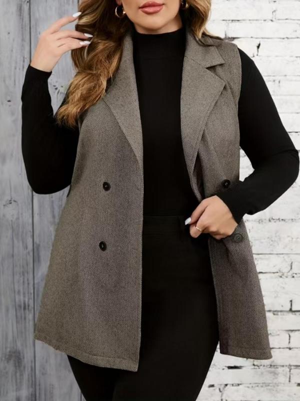  Solid Color Double Button Lapel Waistcoat, Casual Sleeveless Outerwear for Fall & Winter, Women's Clothes for Daily Wear