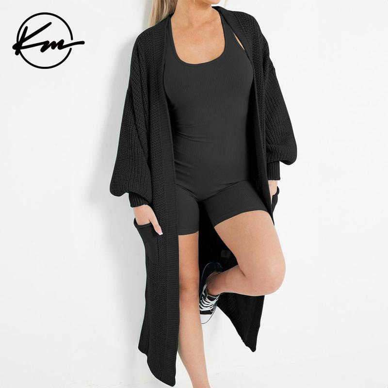 KatchMe Longline Balloon Sleeve Cardigan (Fits US 2-22),Trendy Knitwear,Plain Open-Front Side Pockets Cardigan,Clothes Length 43.5