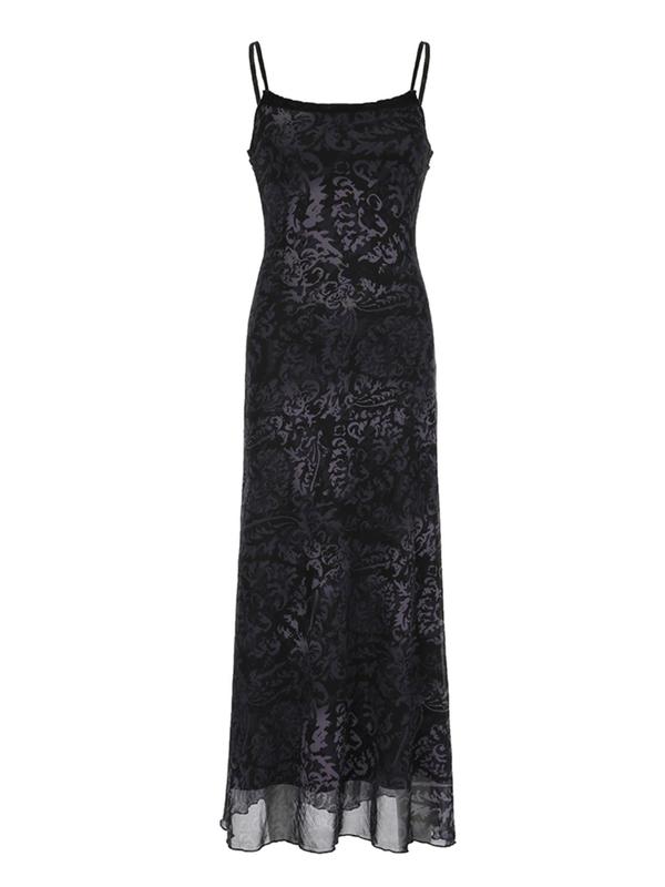 Women's All Over Print Contrast Lace Cami Dress, Retro Sleeveless Spaghetti Strap Long Dress for Party Holiday Wedding Guest, Ladies Clothes for All Seasons