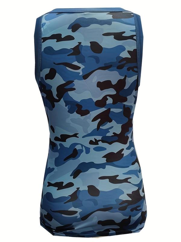 Women's Camo Print Contrast Binding Tank Top, Casual Round Neck Sleeveless Top for Summer, Ladies Clothes for Daily Wear