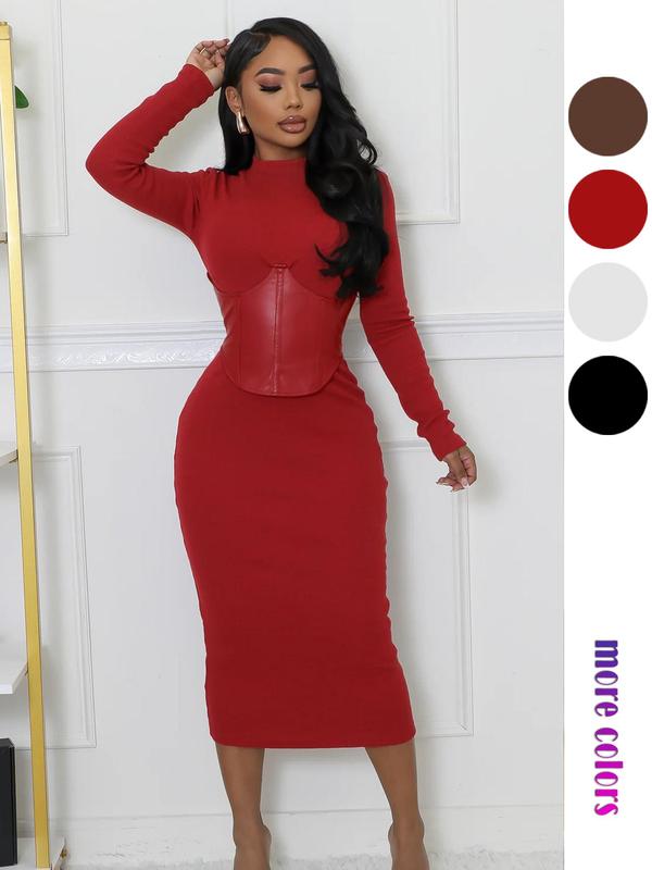 Christmas Deals, Women's Corset Zipper Back Bodycon Dress, Casual Long Sleeve Stand Collar Dress for Daily Wear, Women's Clothing for Fall & Winter, Christmas 2024 Trend, Fall & Winter Clothes