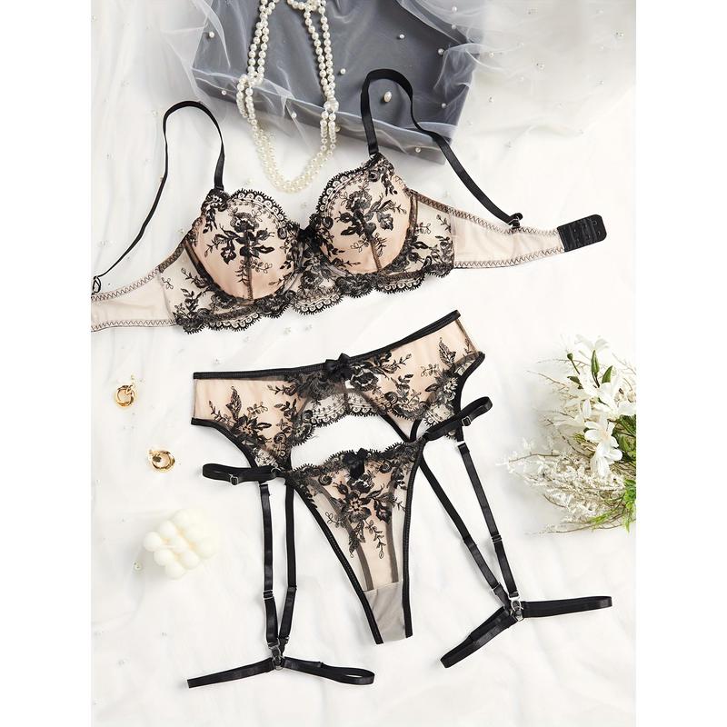 Floral Embroidery Bow Semi Sheer Lingerie Set, Intimates Bra & Thong & Garter Belt, Women's Sexy Lingerie & Underwear thong Fabric Womenswear Print Comfort Polyester Mesh Spaghetti Strap