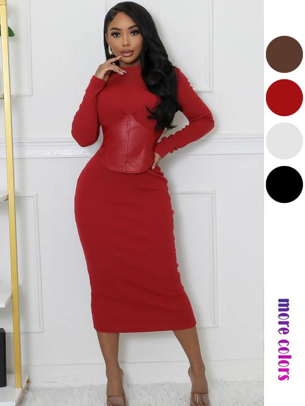 Christmas Deals, Women's Corset Zipper Back Bodycon Dress, Casual Long Sleeve Stand Collar Dress for Daily Wear, Women's Clothing for Fall & Winter, Christmas 2024 Trend, Fall & Winter Clothes