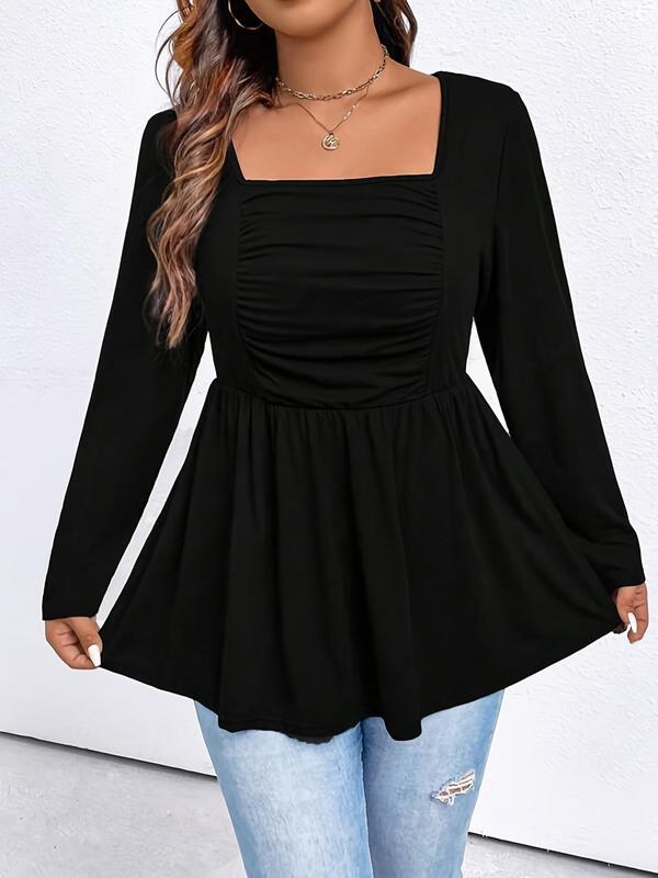 Plus Size Solid Ruched Peplum Tee, Casual Elegant Square Neck Long Sleeve T-shirt for Spring & Fall, T Shirts for Women, Women's Plus Clothing for Daily Wear