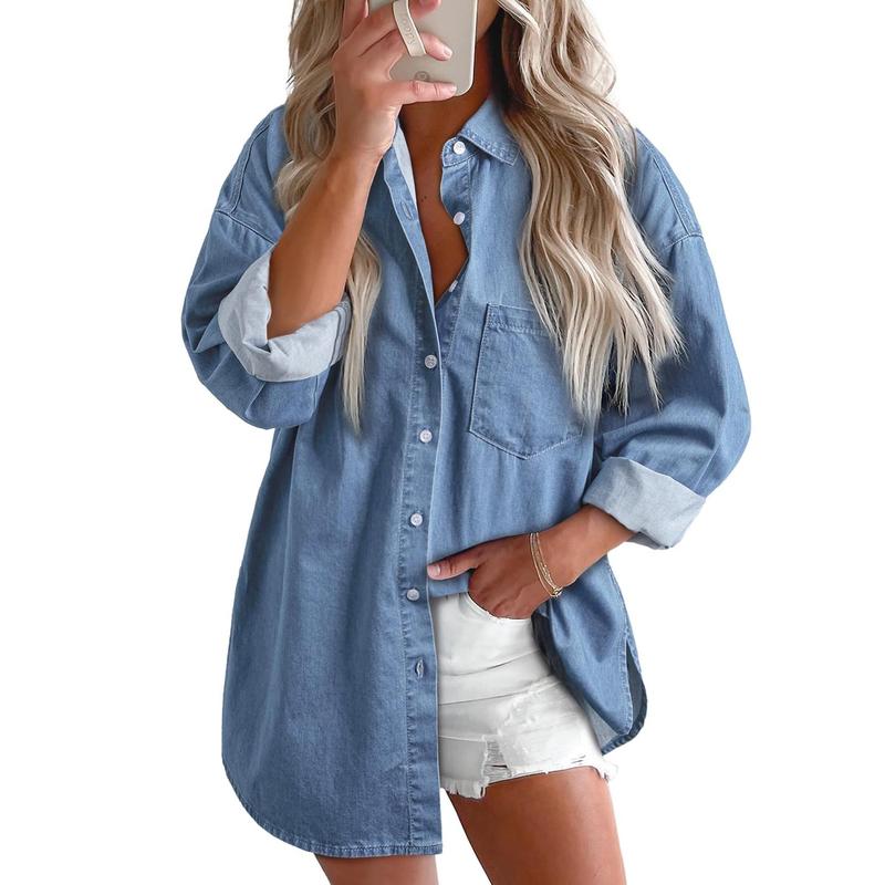 EVALESS Women's Denim Shirts Button Down Blouses Long Sleeve V Neck Casual Womenswear Comfort Basic Tops