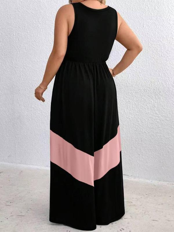  Colorblock Scoop Neck Loungewear Dress, Casual Sleeveless Long Dress for Spring & Fall, Women's Sleepwear for Indoor Wear