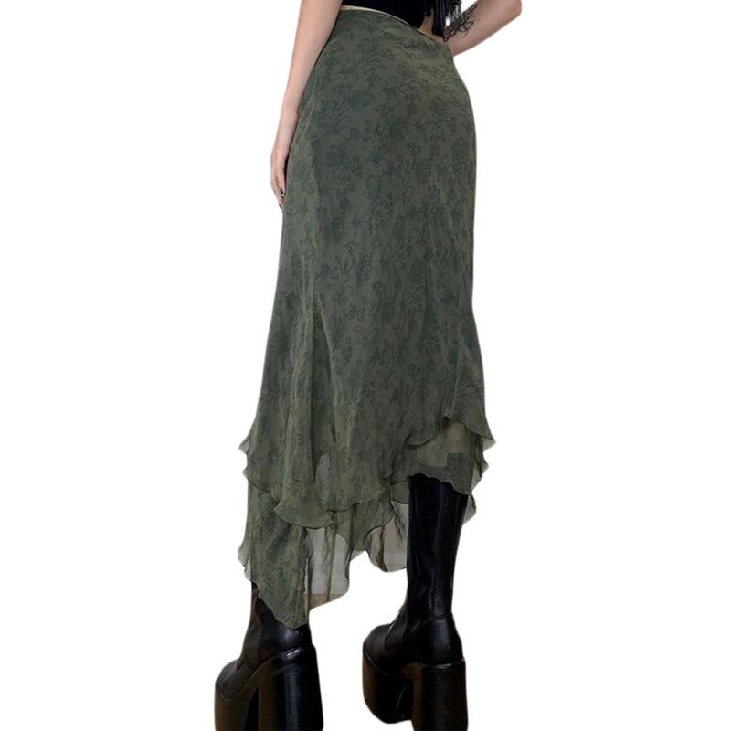 Female Midi Skirt, Adults Floral Print High Waist Ruffled Skirt Summer Dress for Women, Army Green, S M L