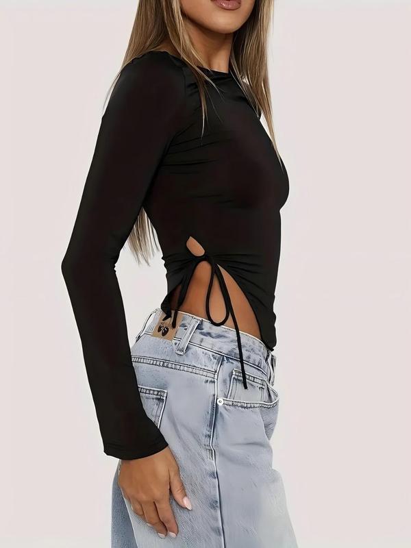 Women's Solid Color Tie Side Tee, Casual Long Sleeve T-Shirt for Spring & Fall, Comfortable Women's Top for Daily Wear