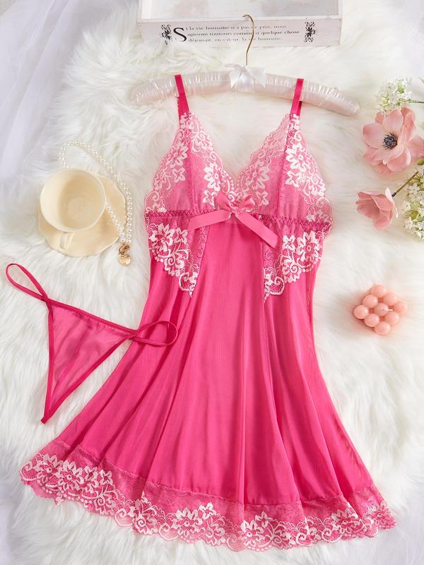 Women's Sheer Sexy Tulle Lingerie Set, Chic Contrast Lace Bow Decor Cami Nightdress & Thong, Ladies Sleepwear Set for All Seasons