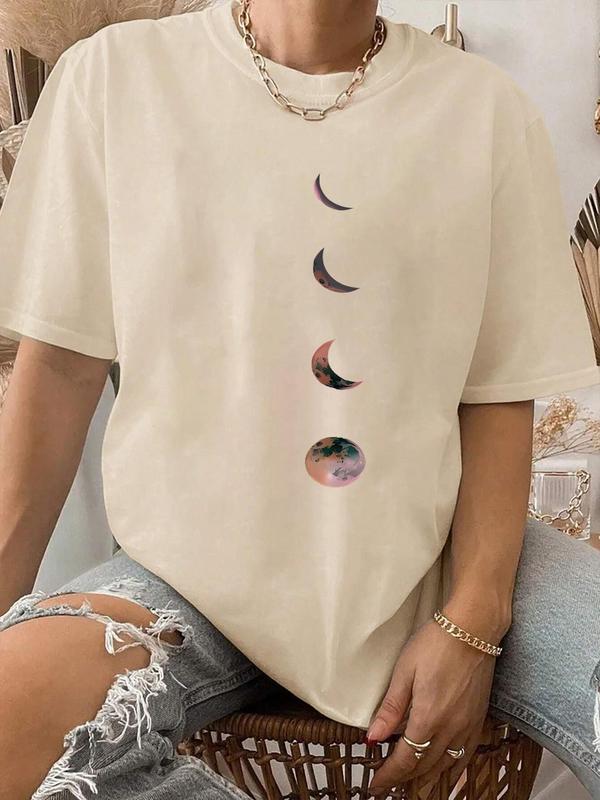 Women's Moon Print Round Neck Tee, Casual Half Sleeve Crew Neck T-shirt for Daily Wear, Tee Shirts for Lady, Summer Tops, Summer Clothes, Ladies Clothing for All Seasons, 90s Clothes