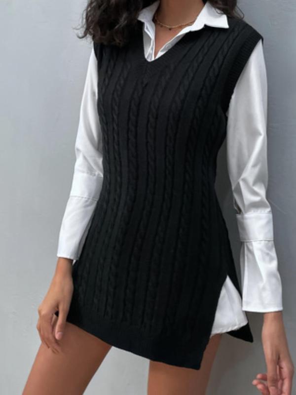 Women's Solid Color Cable Knit Vest Sweater, Casual Sleeveless Knitwear for Fall & Winter, Fashion Ladies' Knit Clothing for Daily Wear