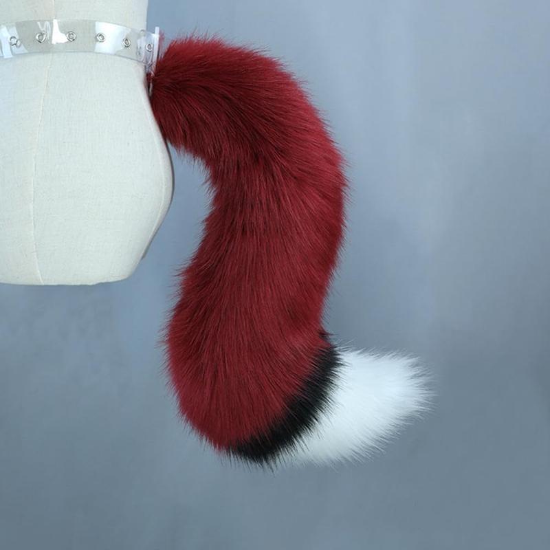 Fox Wolf Cat Ears and Tail Set Wine Red Furry Ears Headband with Tail Animals Ears Tail for Cosplay Costume