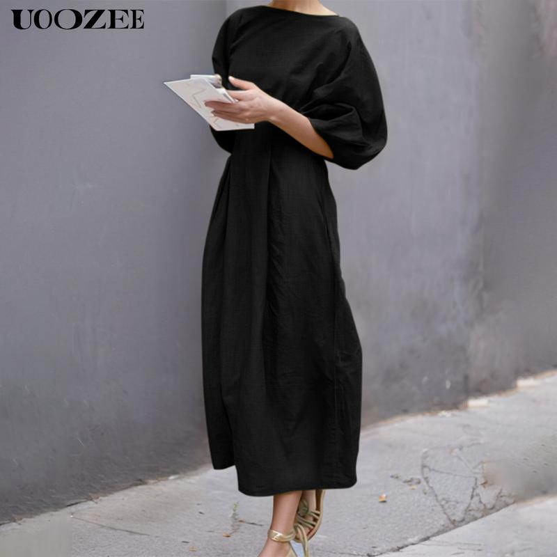 UOOZEE Women's Half Sleeve Loose Long Skirt - Solid Color, Round Neck, Casual Summer Comfort, Daily Elegance, Linen Fabric, Comfortable and Breathable, Daily, Commuter