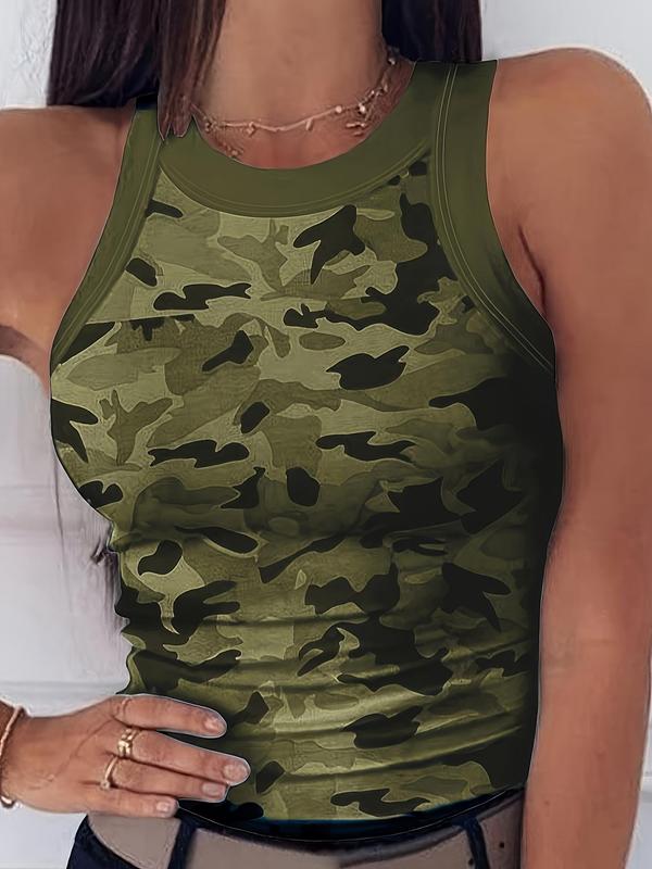 Women's Camo Print Contrast Binding Tank Top, Casual Round Neck Sleeveless Top for Summer, Ladies Clothes for Daily Wear