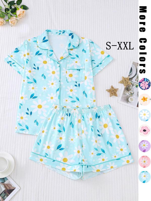 Two-Piece Set Women's Floral Print Button Front Sleep Shirt & Elastic Waist Shorts Pyjama Set, Casual Contrast Binding Pocket Lapel Top & Shorts Pj Set, Pajama Sets Women, Ladies Sleepwear for All Seasons