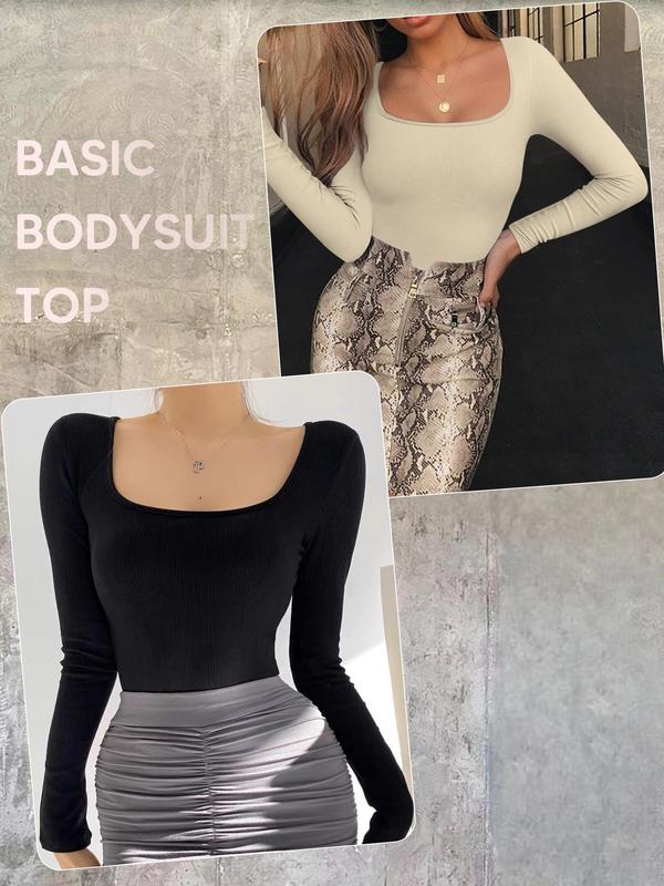 Women's Solid Long Sleeve Square Neck Bodysuit, Casual Comfy Snap Closure Crotch Bodysuit for Daily Wear, Ladies Clothes for All Seasons