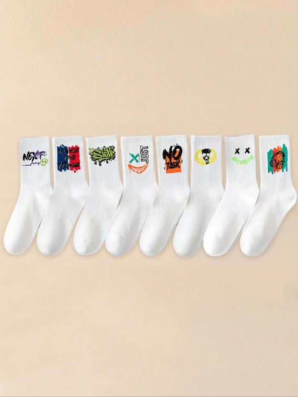 Random Cartoon & Letter Print Crew Socks, Casual Comfortable Breathable Socks, Multi-pack Mid Calf Socks for Daily Wear