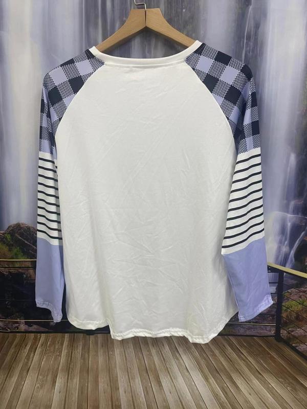  Plaid & Striped & Snowman Print Raglan Sleeve Tee, Casual Long Sleeve Round Neck T-shirt for Daily Wear, Women Clothing for All Seasons