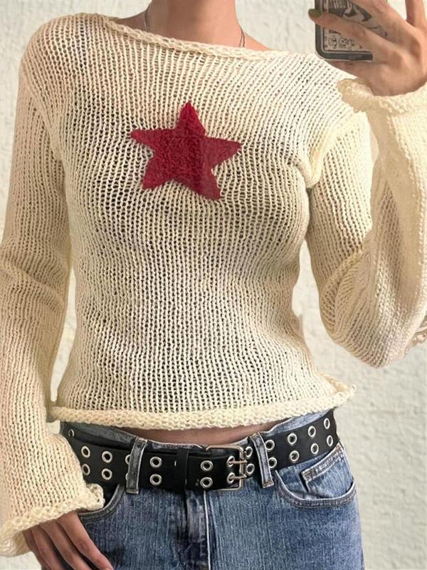 Women's Y2K Star Graphic Drop Shoulder Crop Sweater, Comfortable Womenswear for Lady, Cozy Sweaters, Extra-Long Sleeve Round Neck Jumper For Fall, Women's Knitwear Top, Please Purchase A Size Up, Fall Outfits, Fallfreshness Preppy 80S Clothes