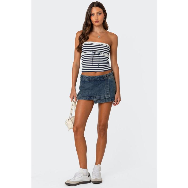 Striped Eyelet Trim Tube Top