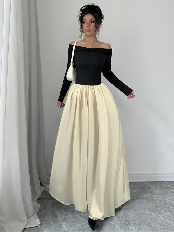 Women's Plain Off Shoulder Pocket Skirt, Elegant Solid Color Long Sleeve Skirt for Party Holiday Wedding Guest, Ladies Fall & Winter Clothes