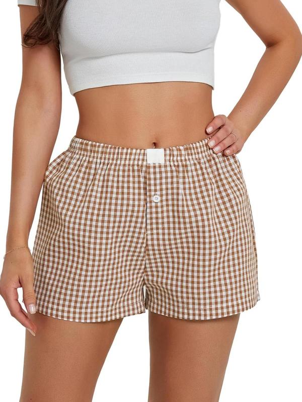 Women's Plaid Print Patched Button Shorts, Casual Comfy Elastic Waist Shorts for Daily Wear, Ladies Bottoms for All Seasons