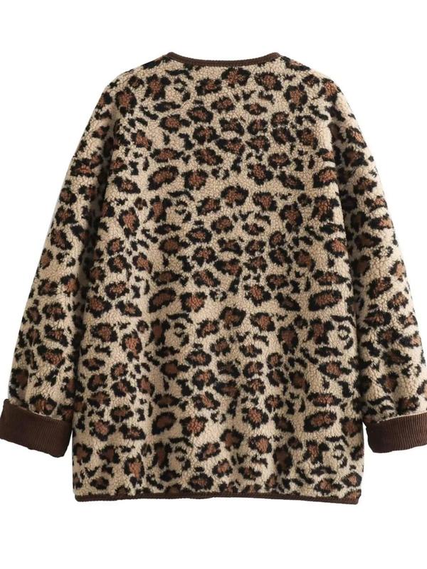 Women's Leopard Print Button Front Pocket Fuzzy Jacket, Casual Long Sleeve Outerwear for Fall & Winter, Ladies Clothes for Daily Wear